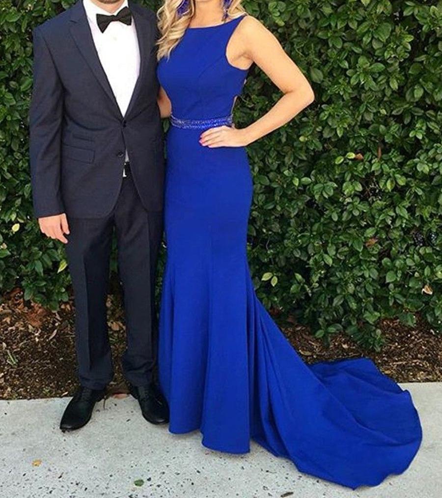 Unthony - Sexy Royal Blue Mermaid Scoop Neck Long Prom Dresses with Sweep Train