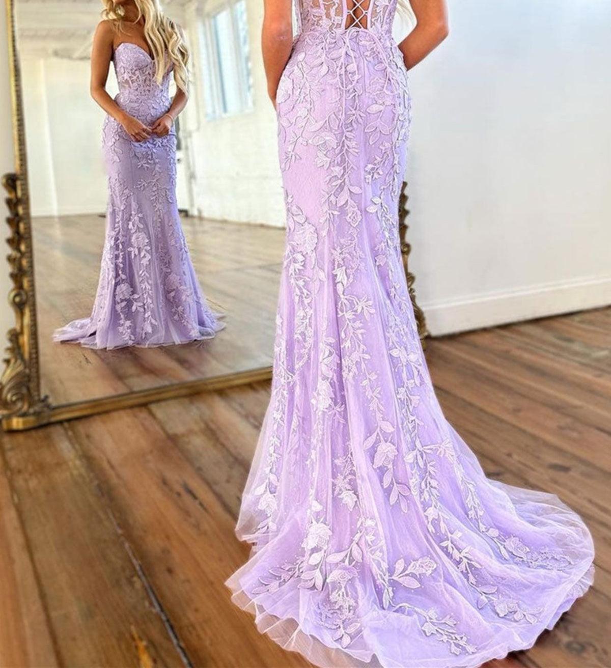 Unthony - Mermaid Strapless Purple Lace Long Prom Dress