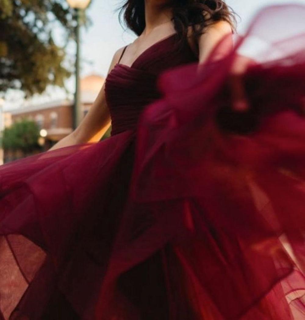 Unthony - High Low Burgundy Tulle Long Prom Dress