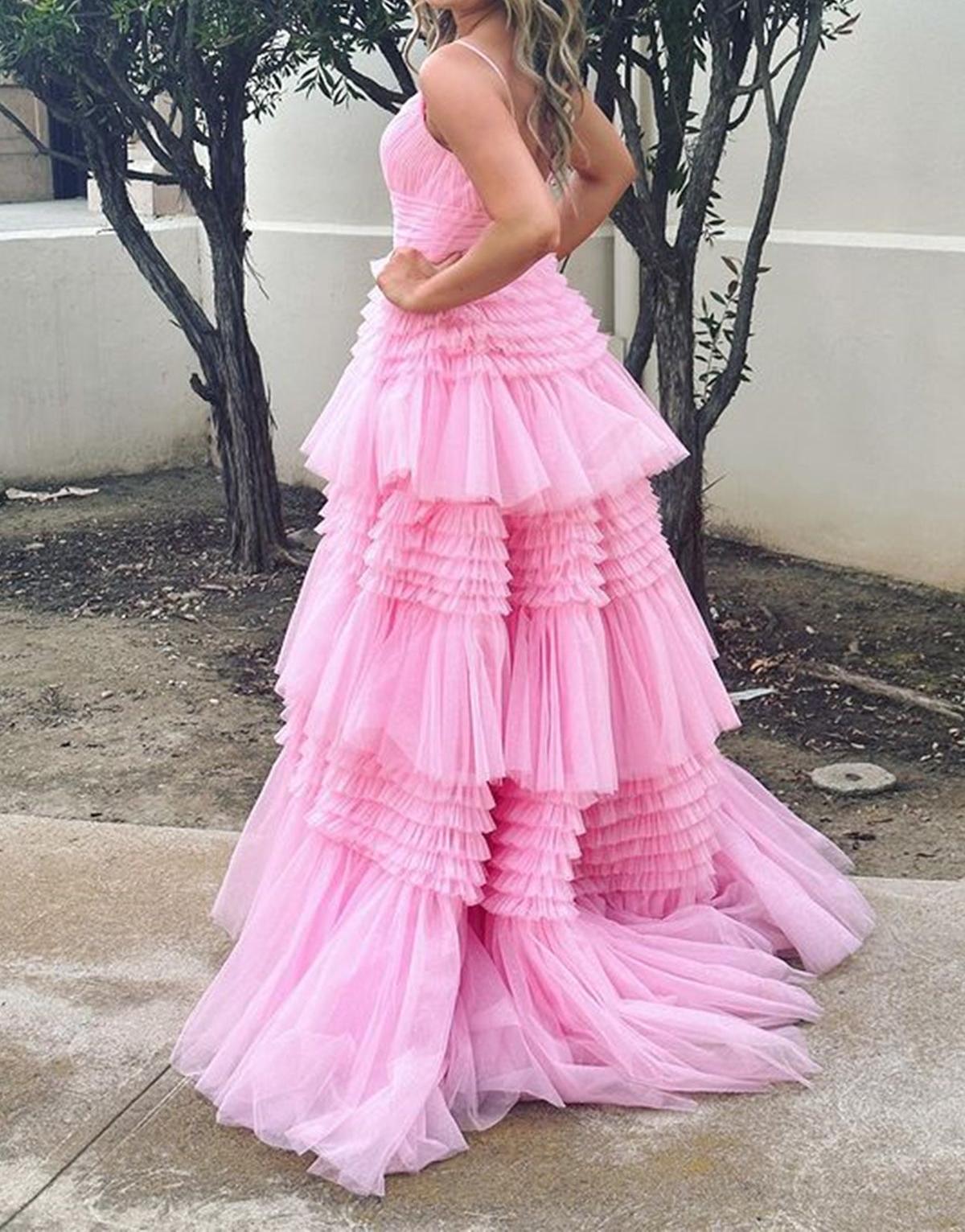 Unthony - A Line V Neck Layered Pink Prom Dresses Long