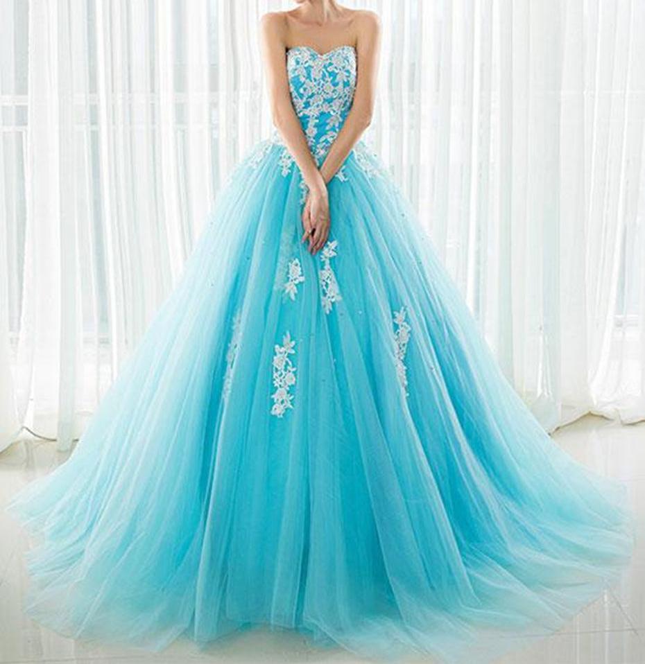 Unthony - Blue Sweetheart Neck Lace Tulle Long Prom Dress with White Appliques