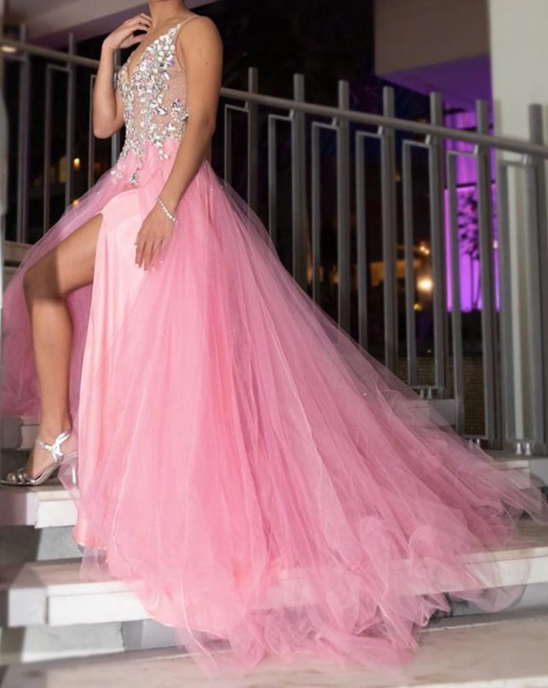 Unthony - A Line V Neck Sequins Beaded Pink Prom Dresses with Slit