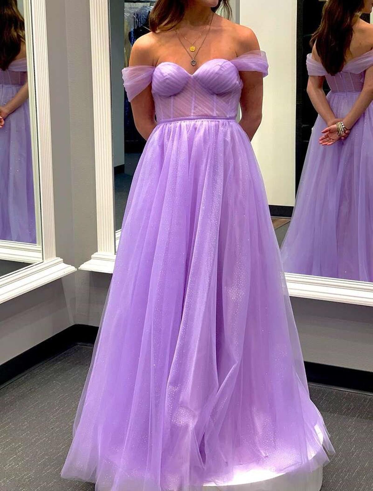 Unthony - Off Shoulder Purple/Yellow Tulle Long Prom Dress