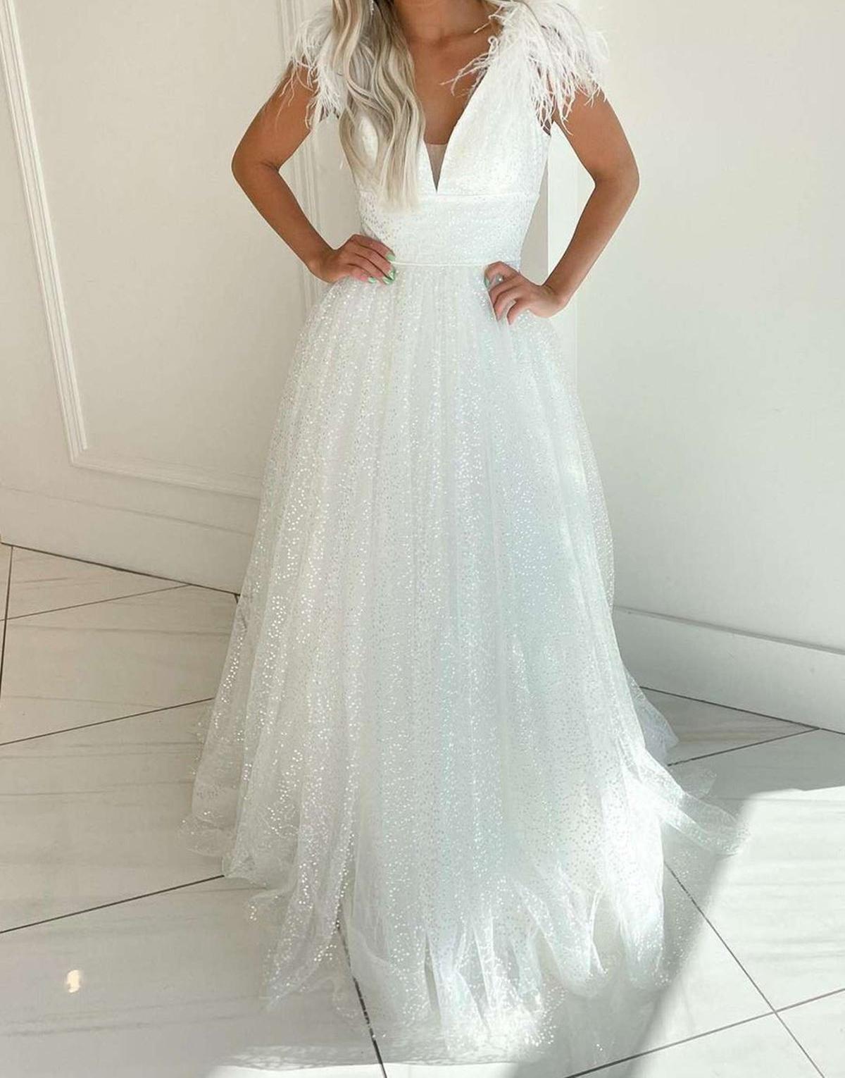 Unthony - A Line V Neck Light Blue/White Long Prom Dress with High Slit