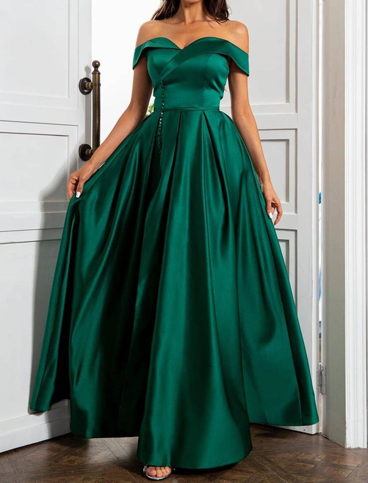 Unthony - Off Shoulder Green Satin Long Prom Dress