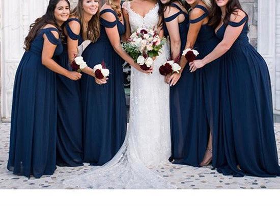 Unthony - A Line Off Shoulder Navy Blue Long Prom Dresses
