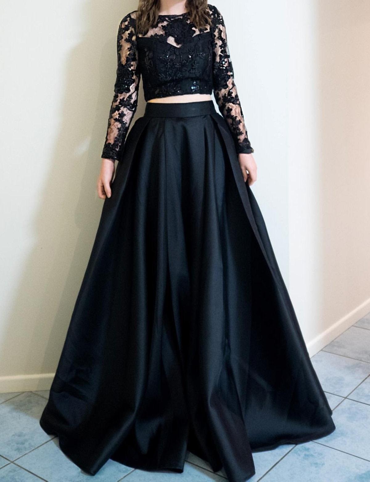 Unthony - Long Sleeves 2 Pieces Black Lace Long Prom Dress