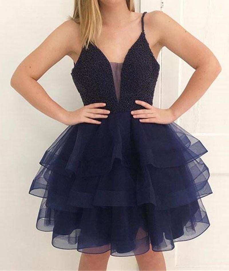 Unthony - Fluffy V Neck Beaded Navy Blue Short Prom Dress