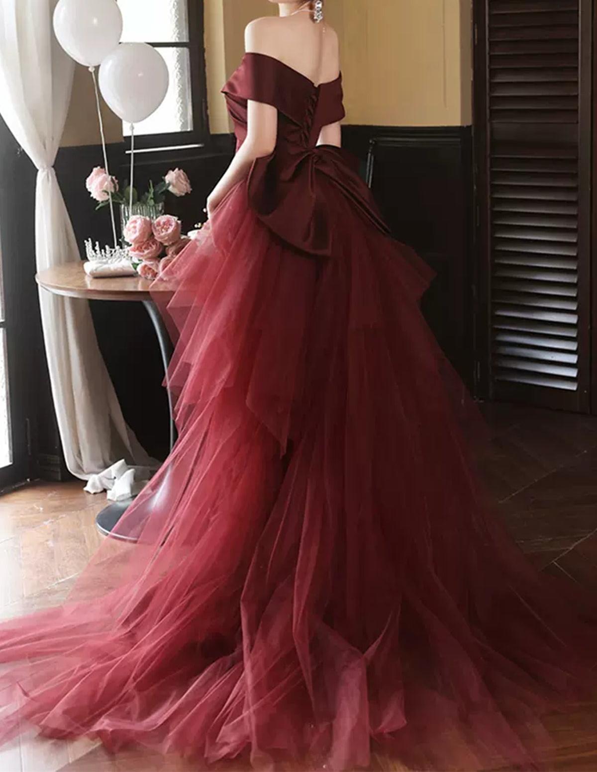 Unthony - Elegant Off Shoulder Mermaid Burgundy Long Prom Dress