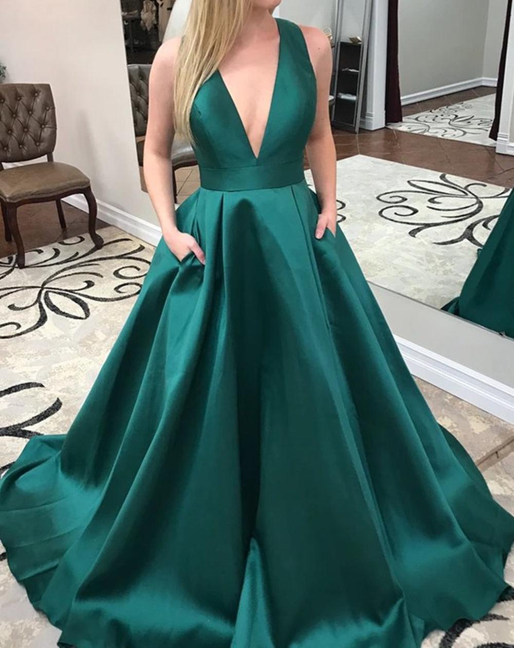 Unthony - Stylish V Neck Green Satin Long Prom Dress with Pocket