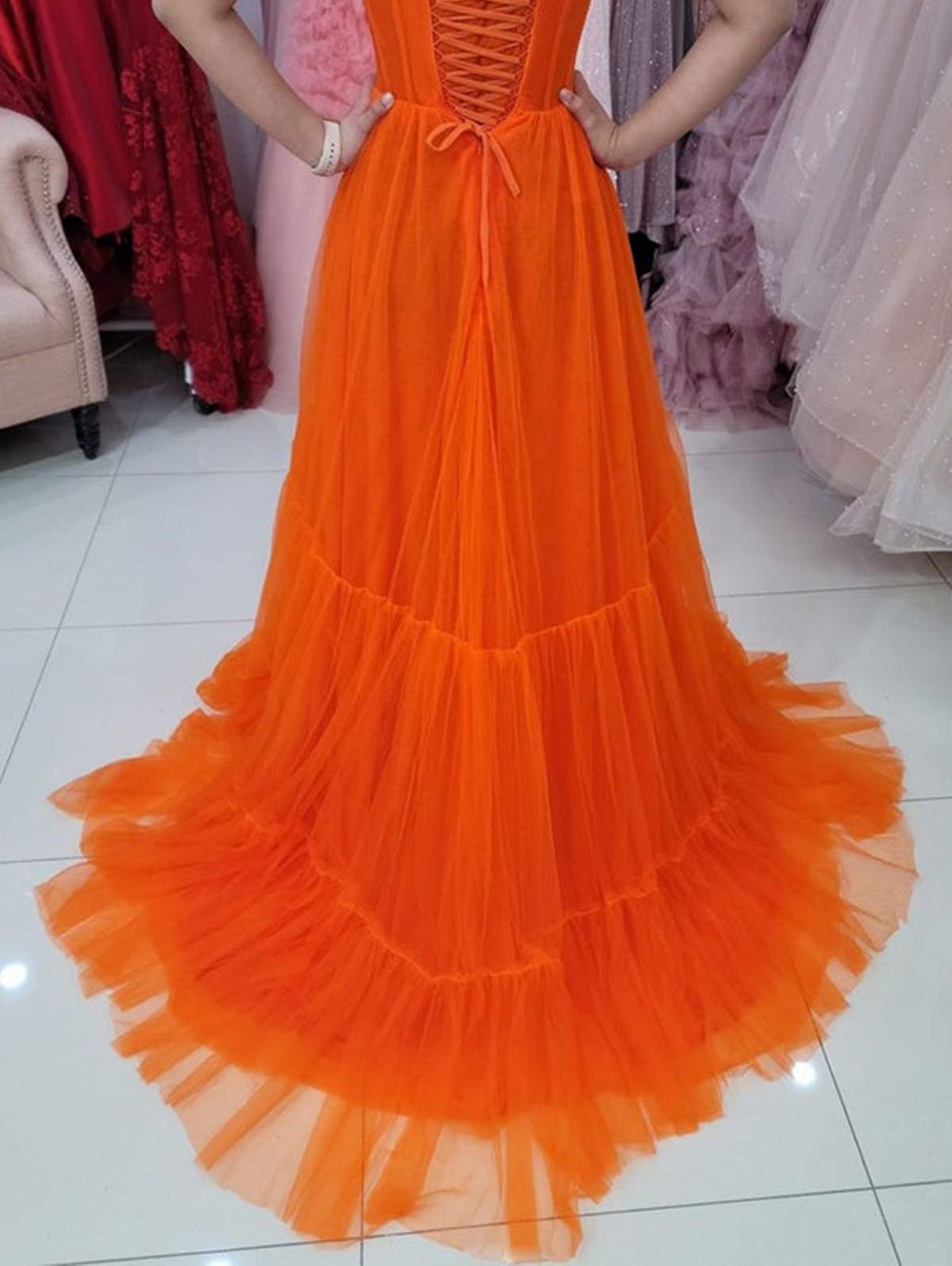 Unthony - Sweetheart Neck Strapless Orange Tulle Long Prom Dress