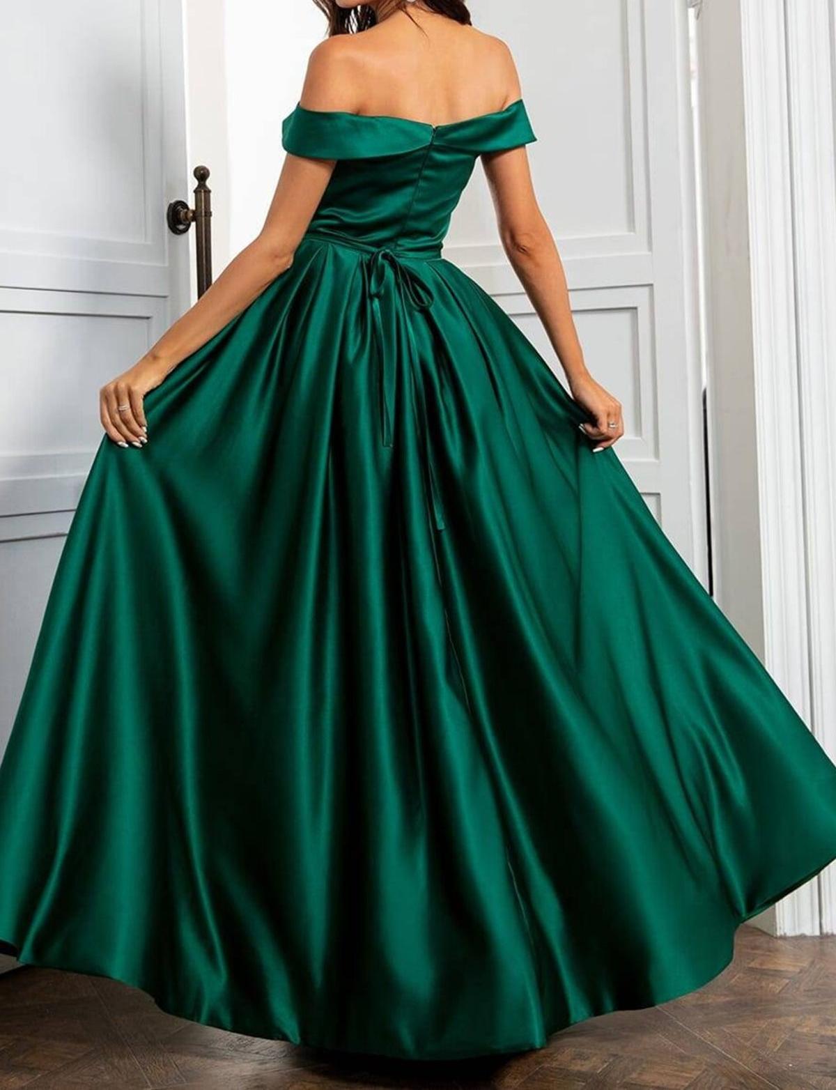 Unthony - Off Shoulder Green Satin Long Prom Dress