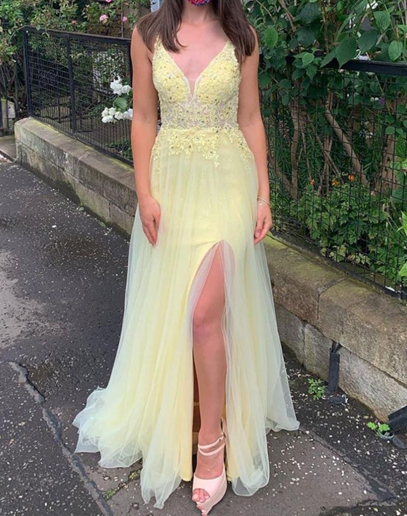 Unthony - A Line V Neck Backless Yellow Lace Prom Dress with Leg Slit
