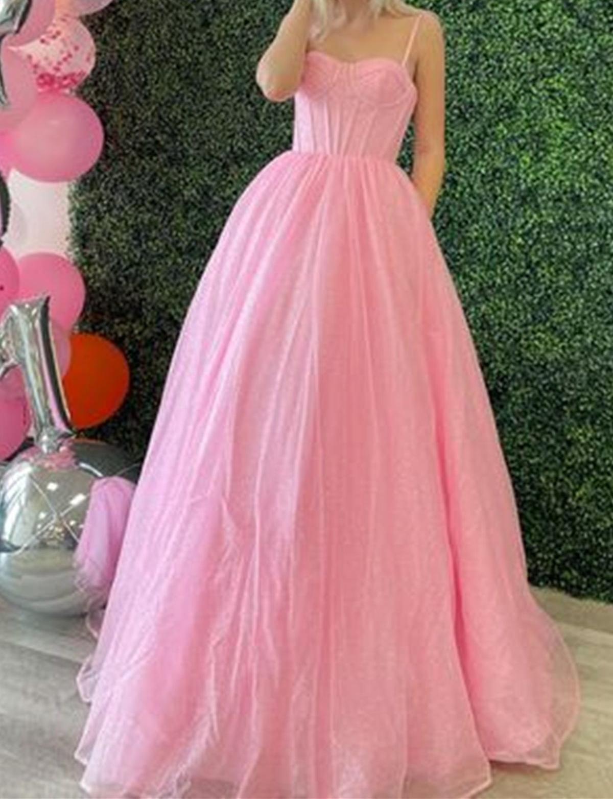 Unthony - Shiny Pink Tulle Long Prom Dress