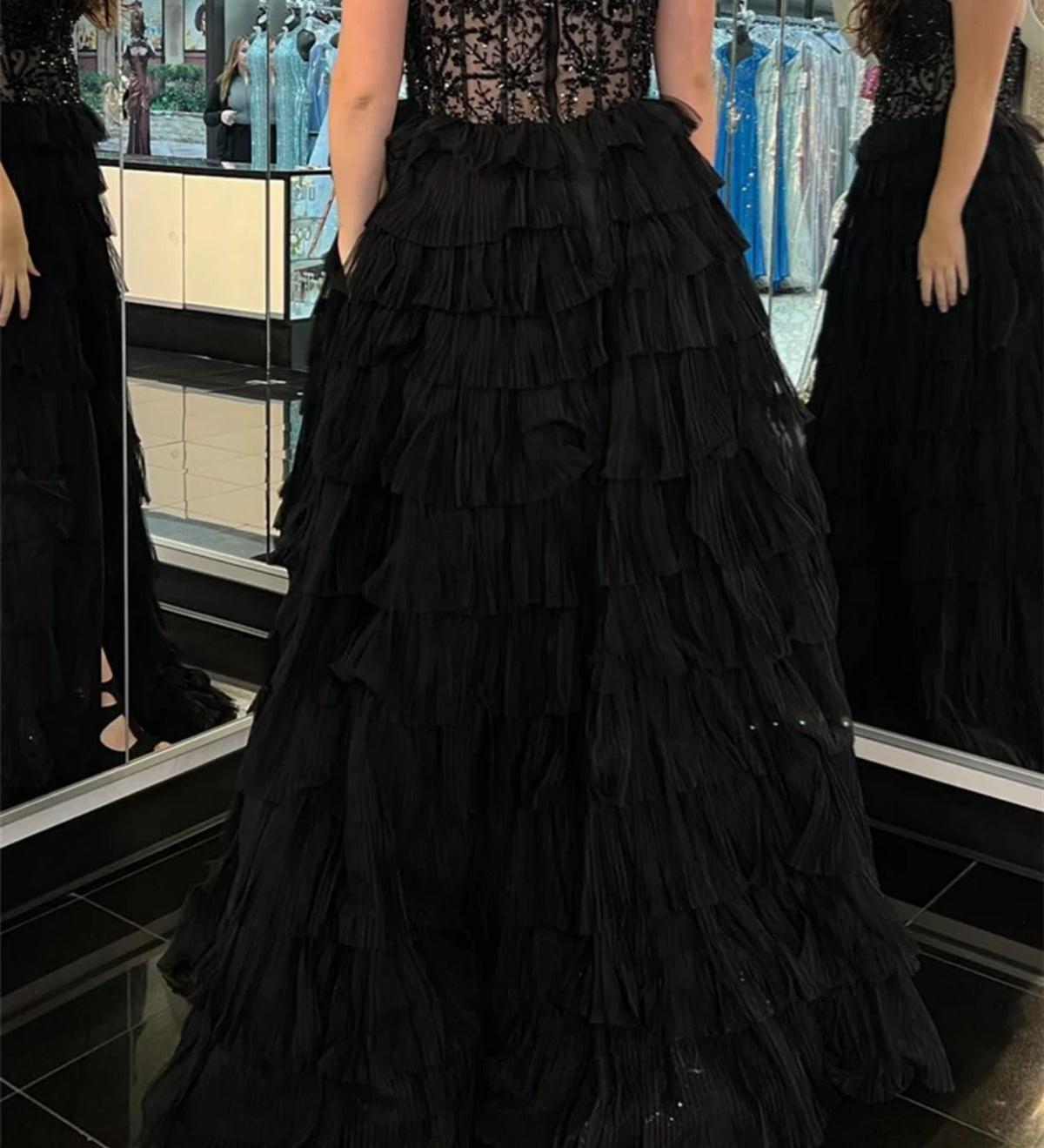 Unthony - Strapless Black Lace Long Prom Dress with High Slit
