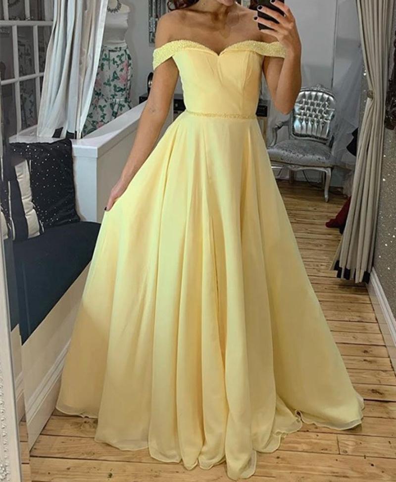 Unthony - Off Shoulder Yellow Chiffon Long Prom Dress with Beads