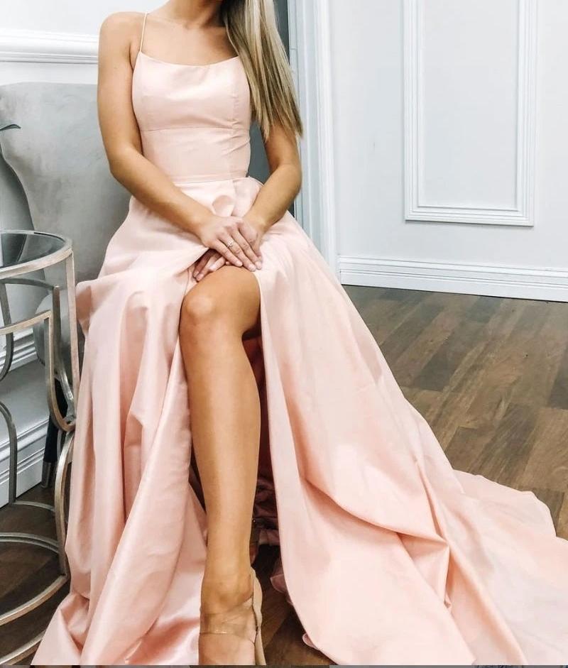 Unthony - Elegant A Line Satin Long Pink Prom Dress with High Slit