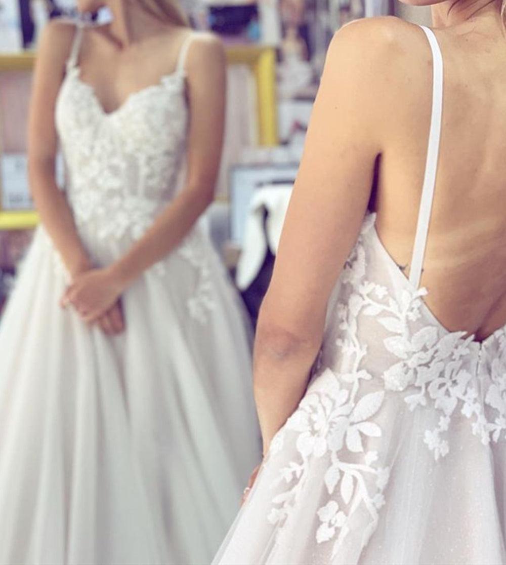 Unthony - Thin Straps Backless White Lace Long Prom Wedding Dress