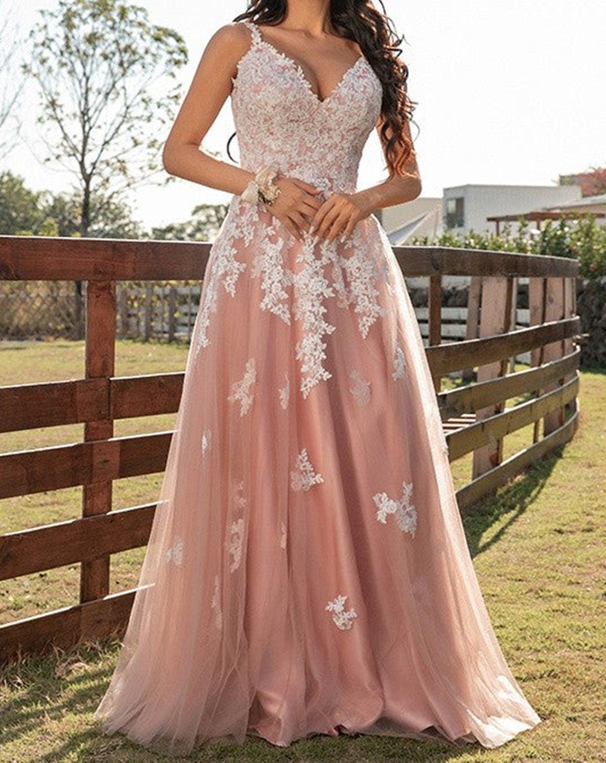 Unthony - A Line V Neck Pink Tulle Long Prom Dress with Lace Appliques