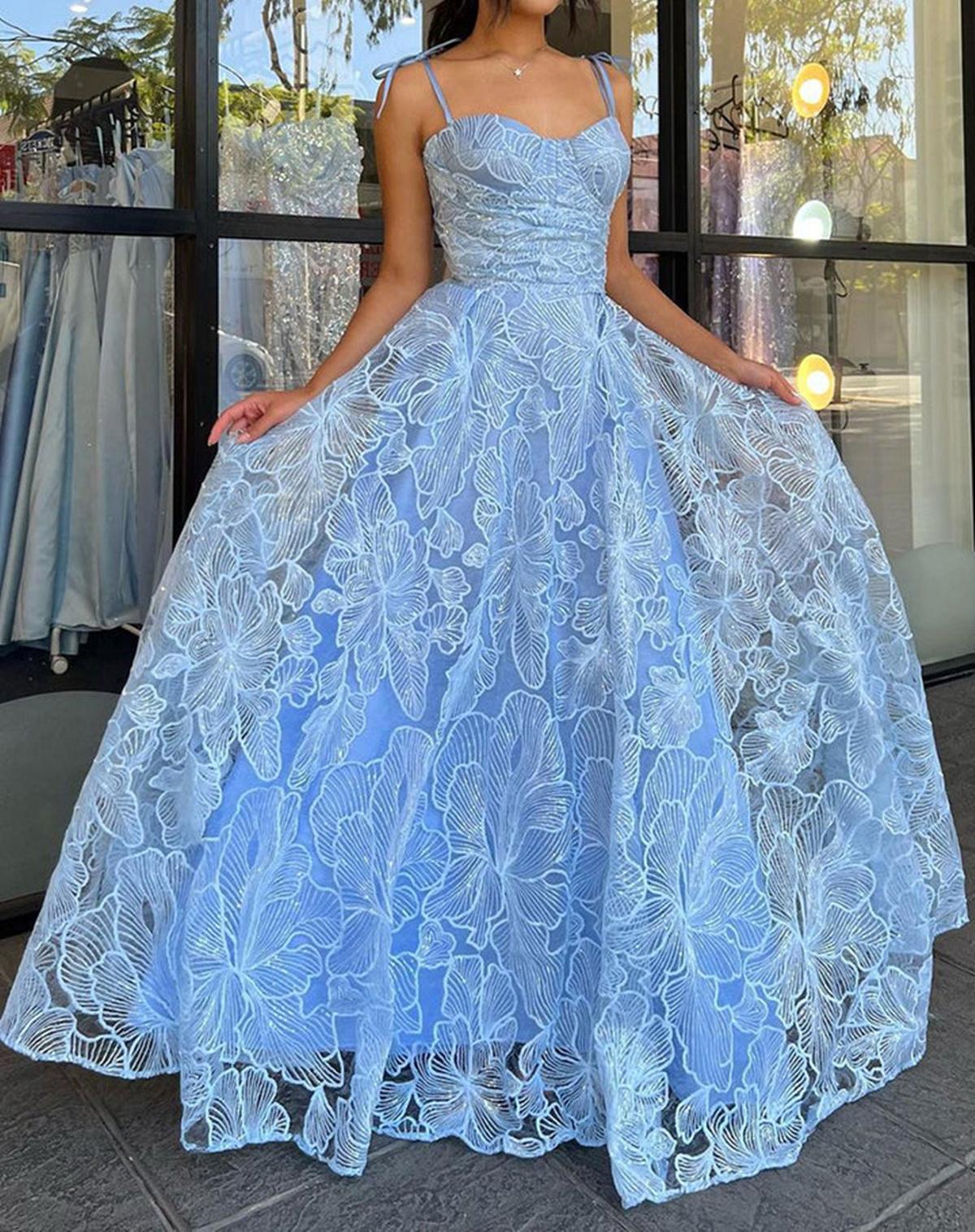 Unthony - A Line Blue Lace Long Prom Dresses