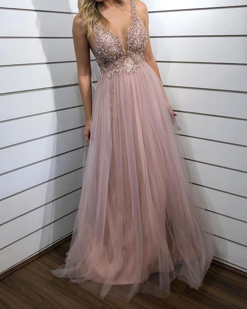 Unthony - A Line V Neck Beaded Champagne Long Prom Dress