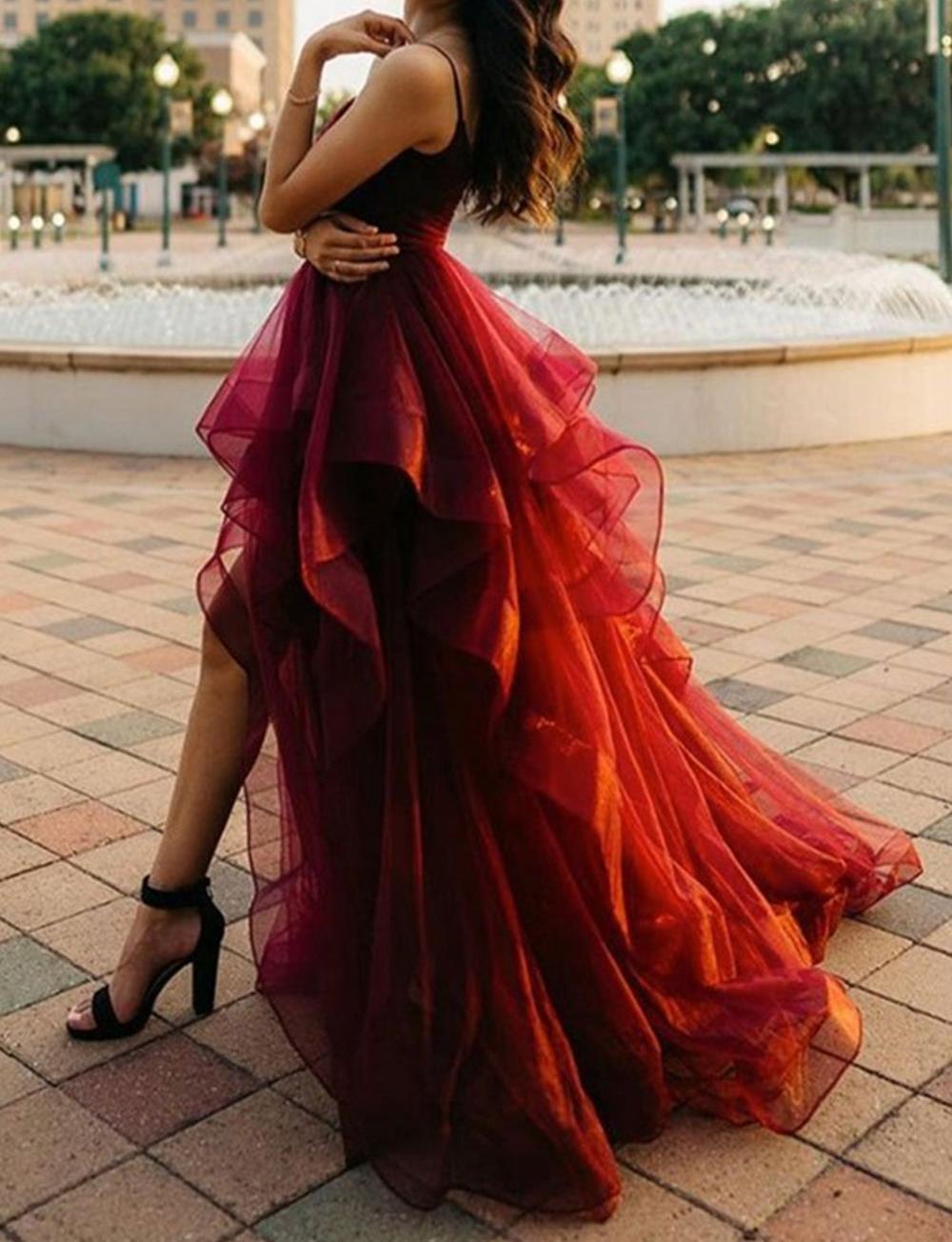 Unthony - High Low Burgundy Tulle Long Prom Dress