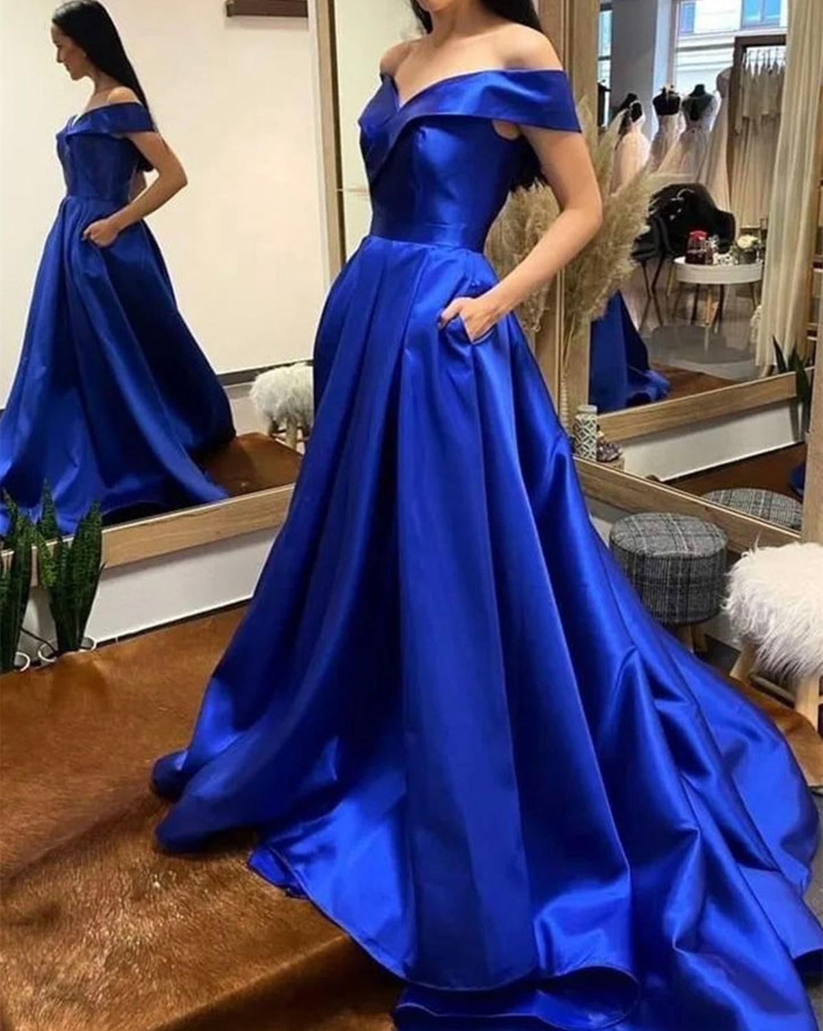 Unthony - Off Shoulder Royal Blue/Purple/White Long Prom Dress