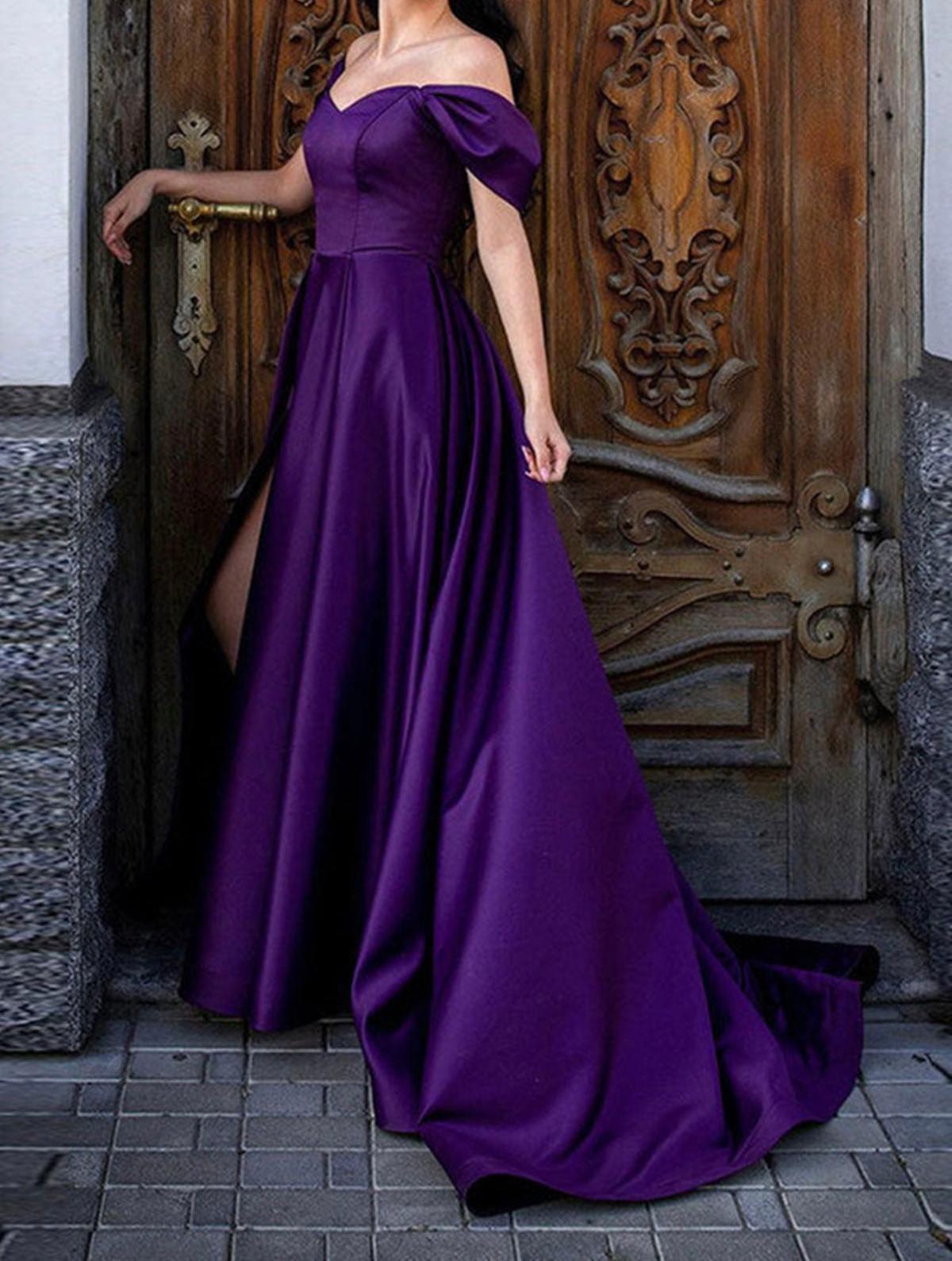Unthony - Off Shoulder Purple Satin Long Prom Dress with High Slit