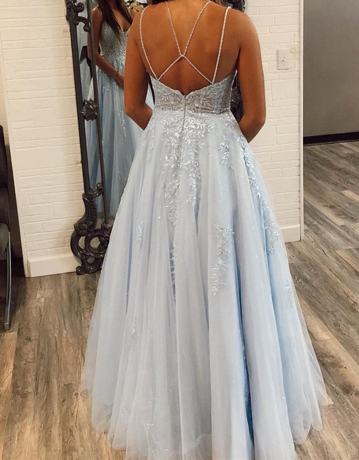 Unthony - A Line V Neck Backless Baby Blue Lace Long Prom Dress
