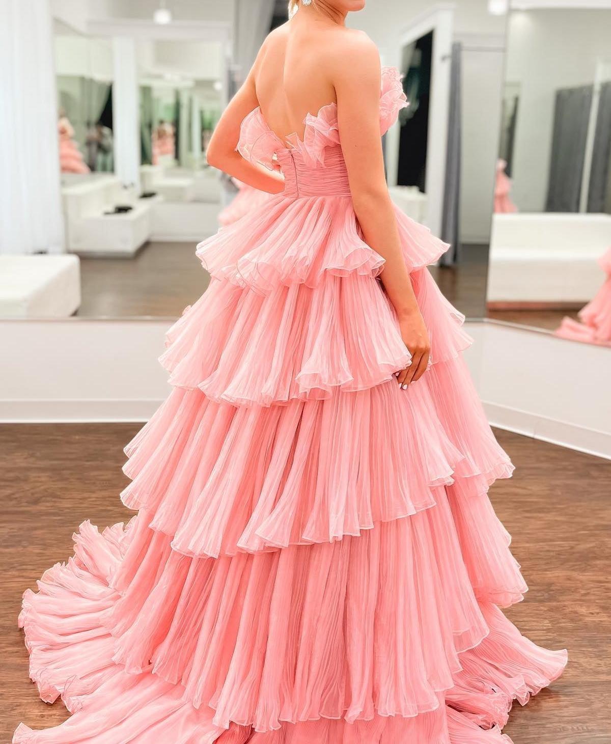 Unthony - Strapless Layered Pink Tulle Long Prom Dress