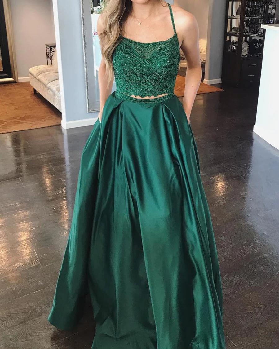 Unthony - Two Pieces Lace Top Backless Green Prom Dress with Pocket