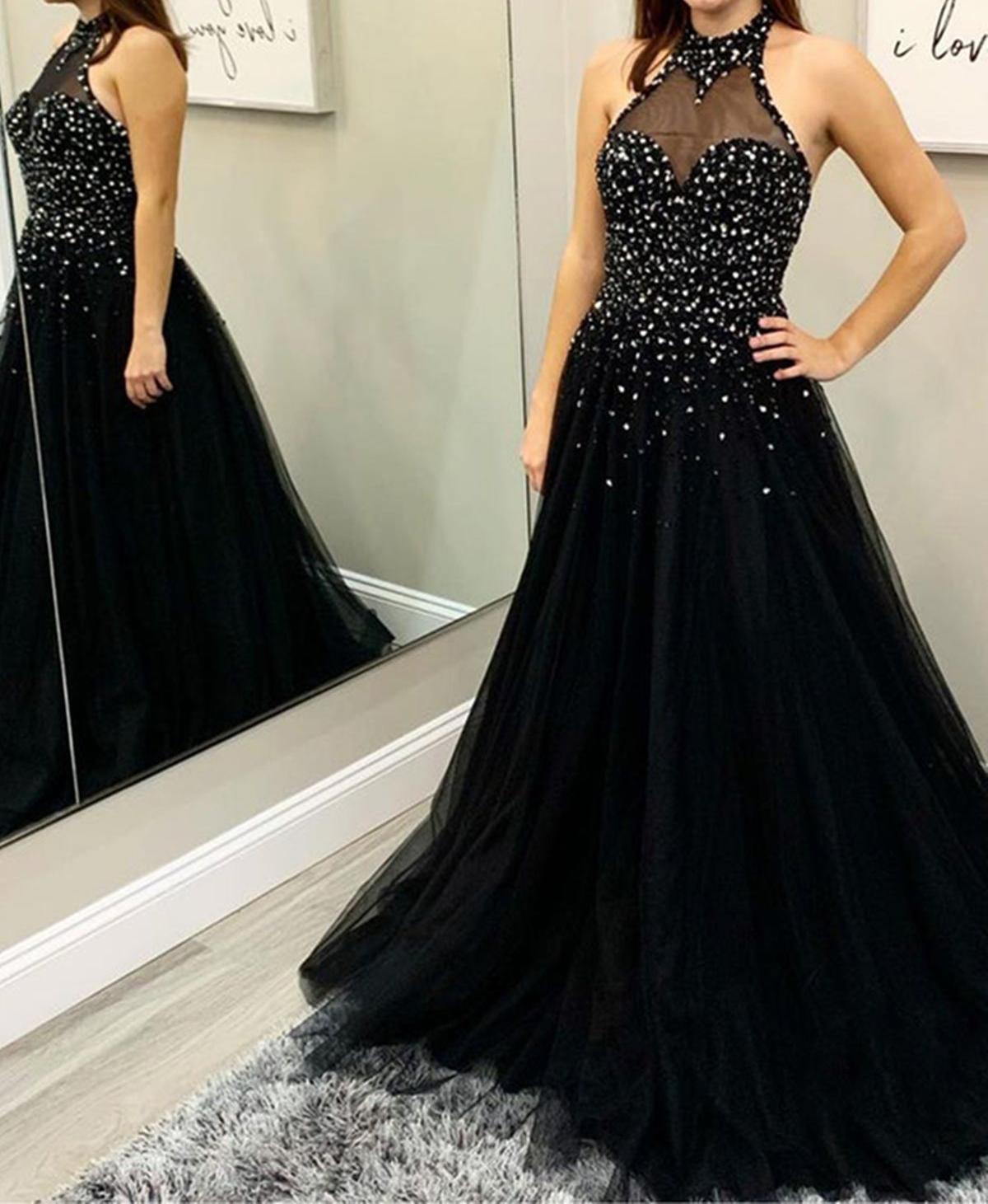 Unthony - Halter Neck Backless Beaded Black Long Prom Dress
