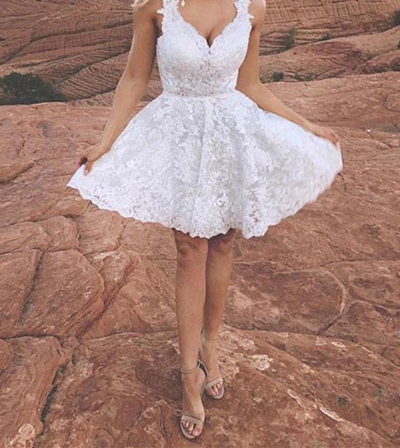 Unthony - Cute V Neck Short White Lace Prom Homecoming Dress