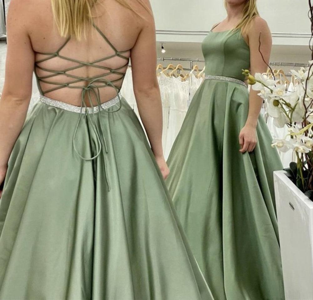 Unthony - A Line Backless Green Satin Long Prom Dress
