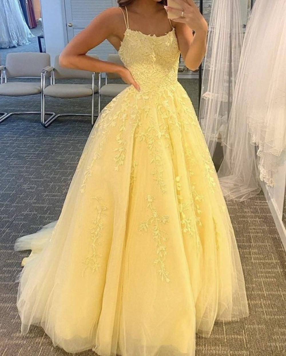 Unthony - A Line Open Back Yellow Lace Long Prom Dress