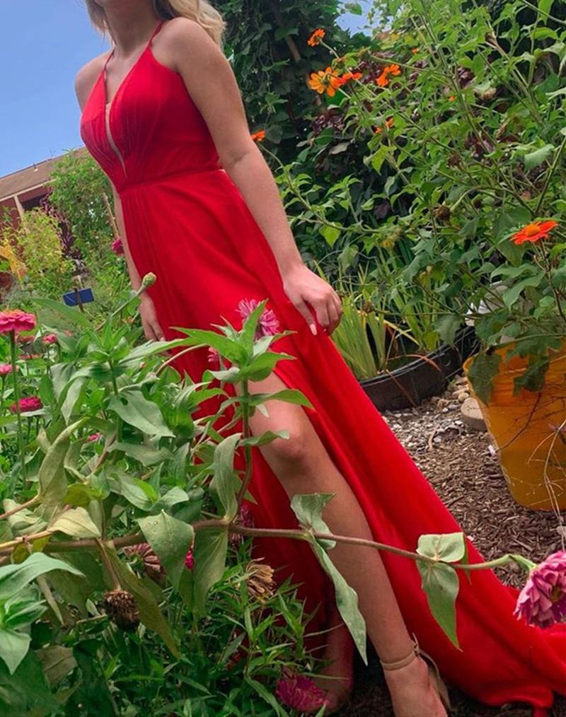 Unthony - Simple A Line V Neck Red Long Prom Dress with Slit
