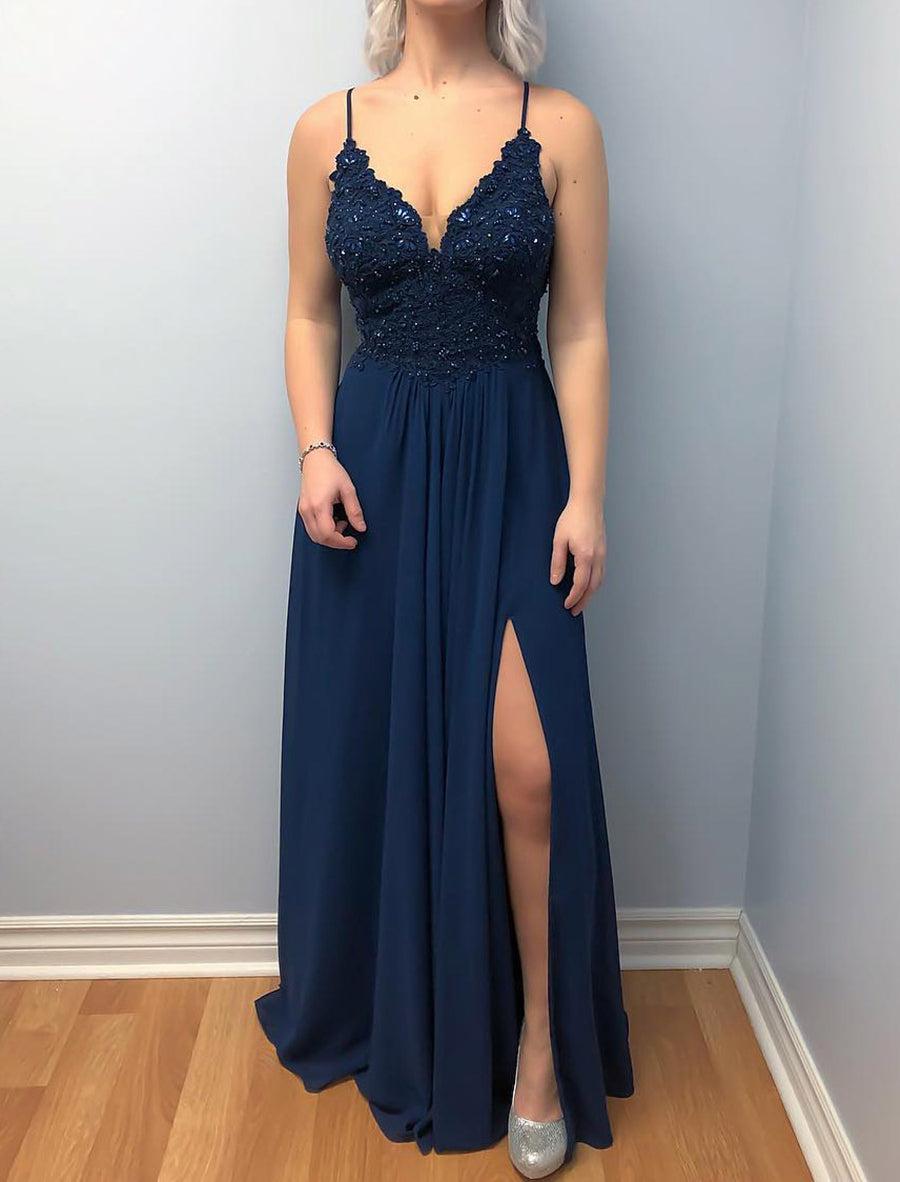 Unthony - A Line V Neck Lace Beading Top Cross Back Navy Blue Prom Dresses with Leg Split