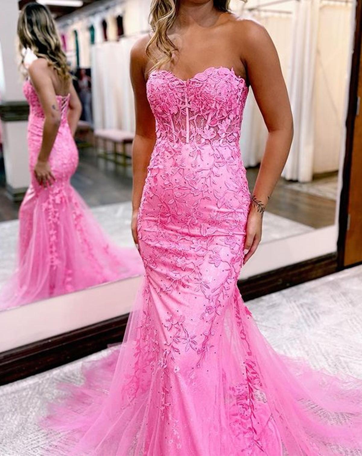 Unthony - Strapless Mermaid Pink Lace Long Prom Dress