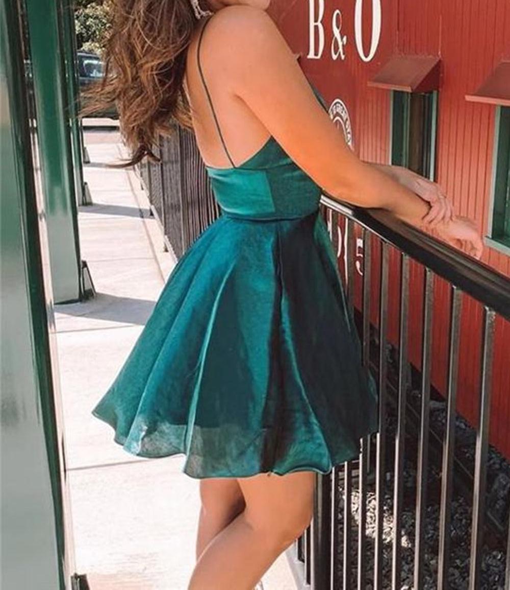 Unthony - Cute V Neck Backless Dark Green Short Prom Dress