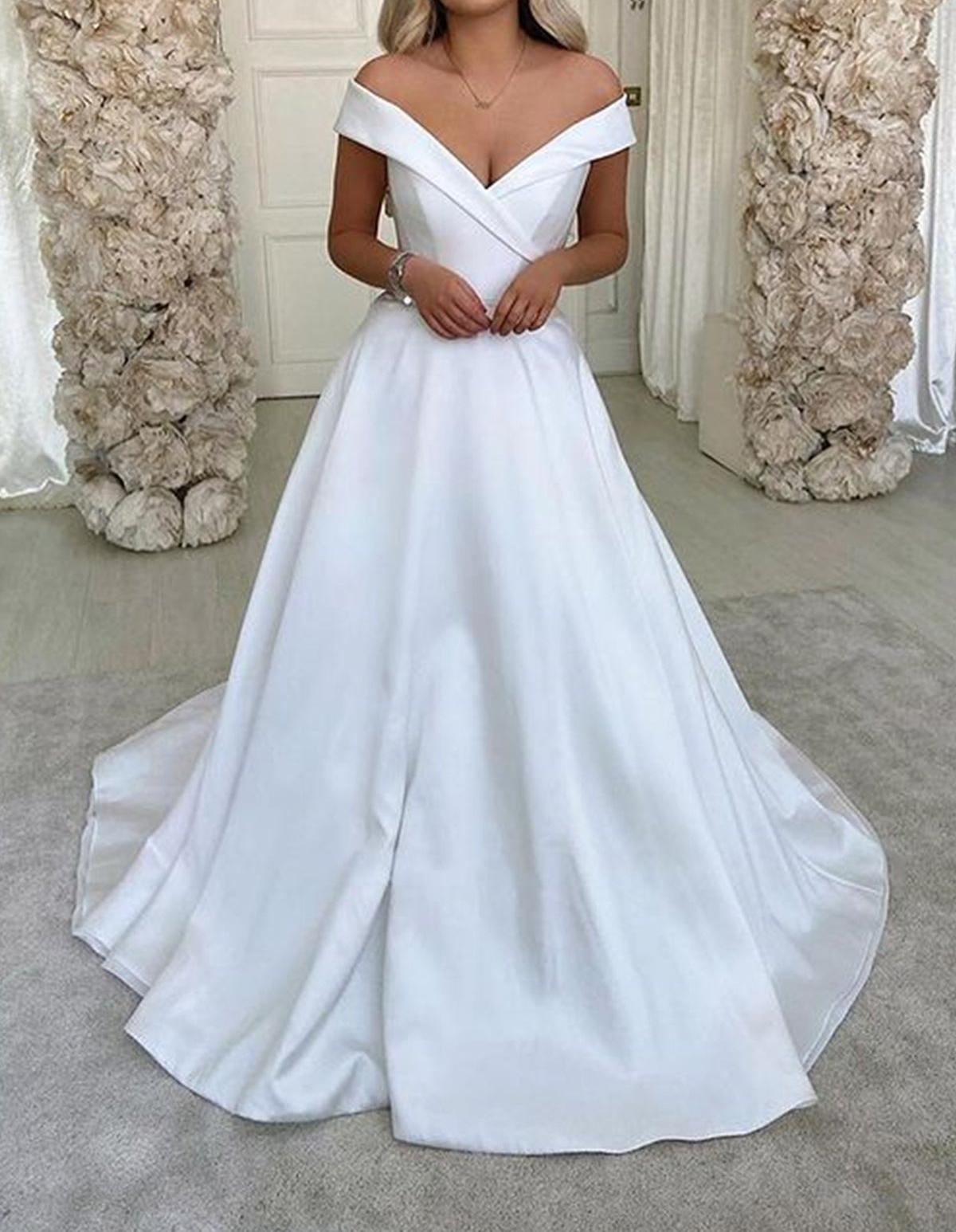 Unthony - Off Shoulder White Satin Long Prom Dress