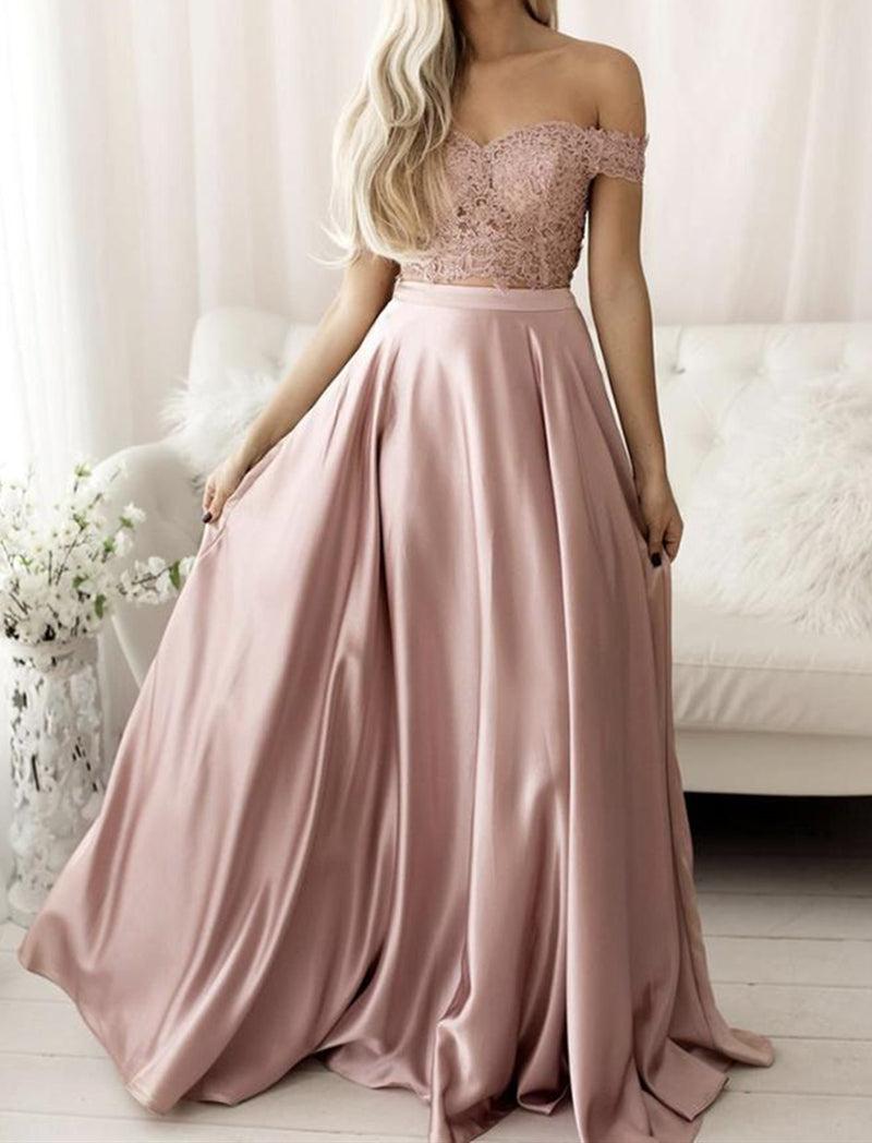 Unthony - Off the Shoulder Pink Lace Long Prom Dress