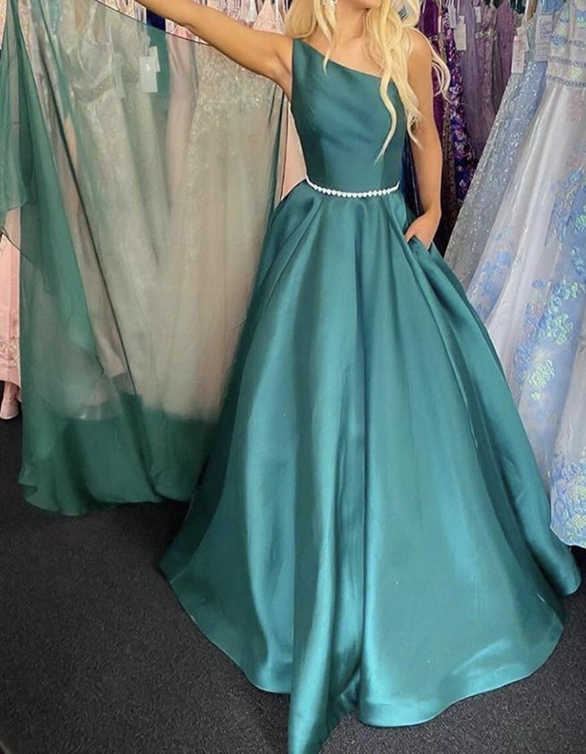Unthony - Elegant One Shoulder Green Satin Long Prom Dresses with Belt