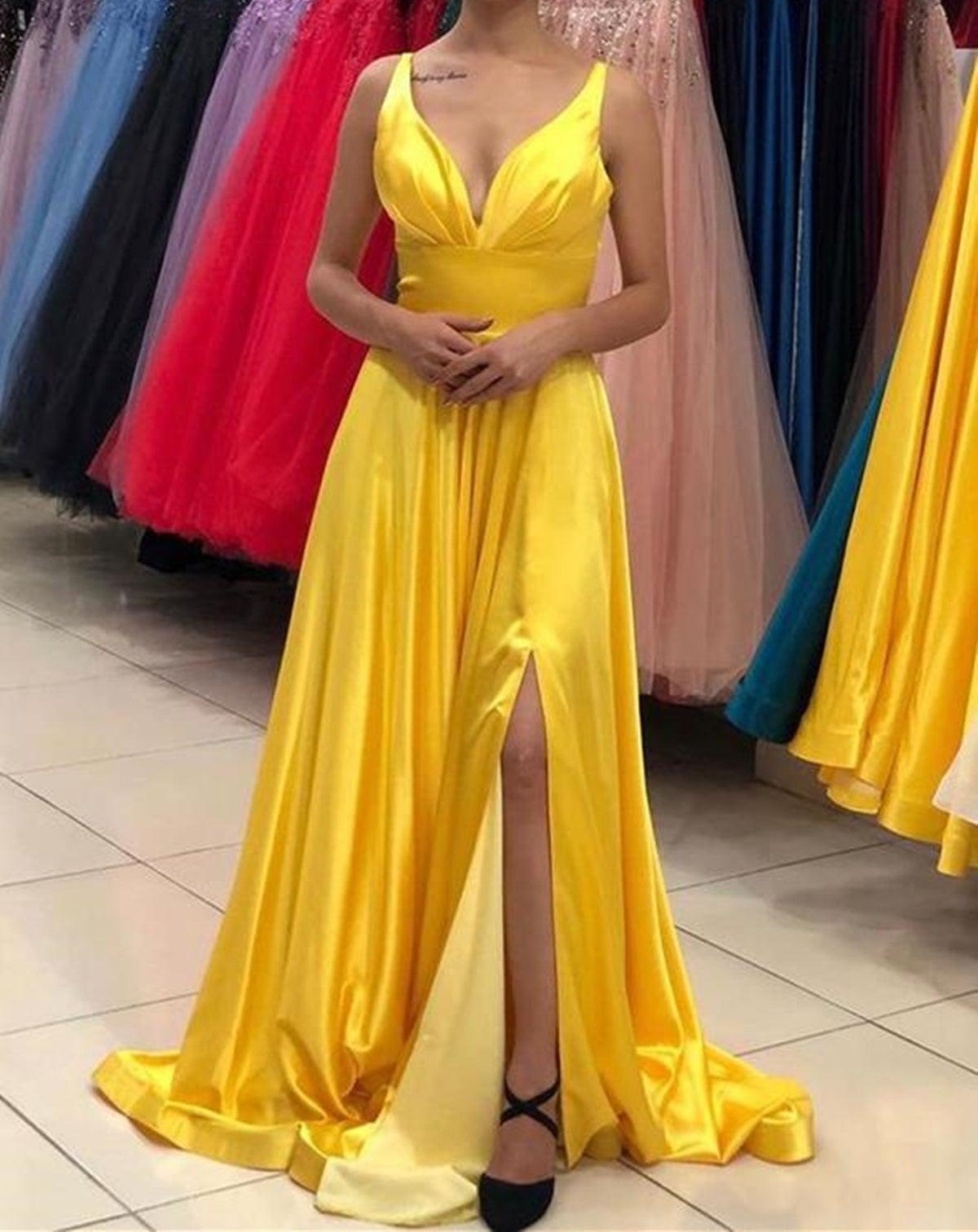 Unthony - A Line V Neck Open Back Yellow/Burgundy/Blue Long Prom Dress with Leg Slit