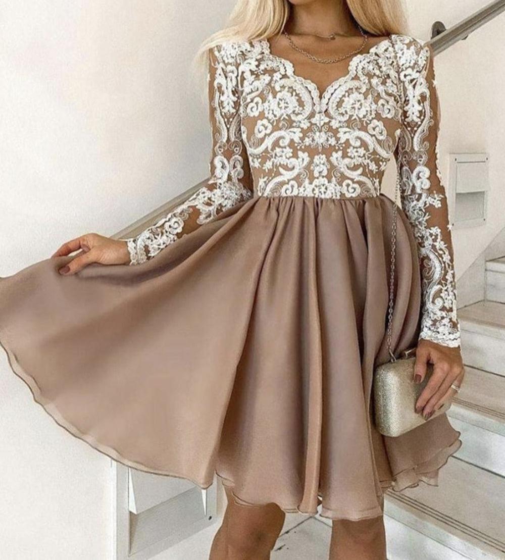 Unthony - Long Sleeves V Neck Champagne Lace Long Prom Dresses