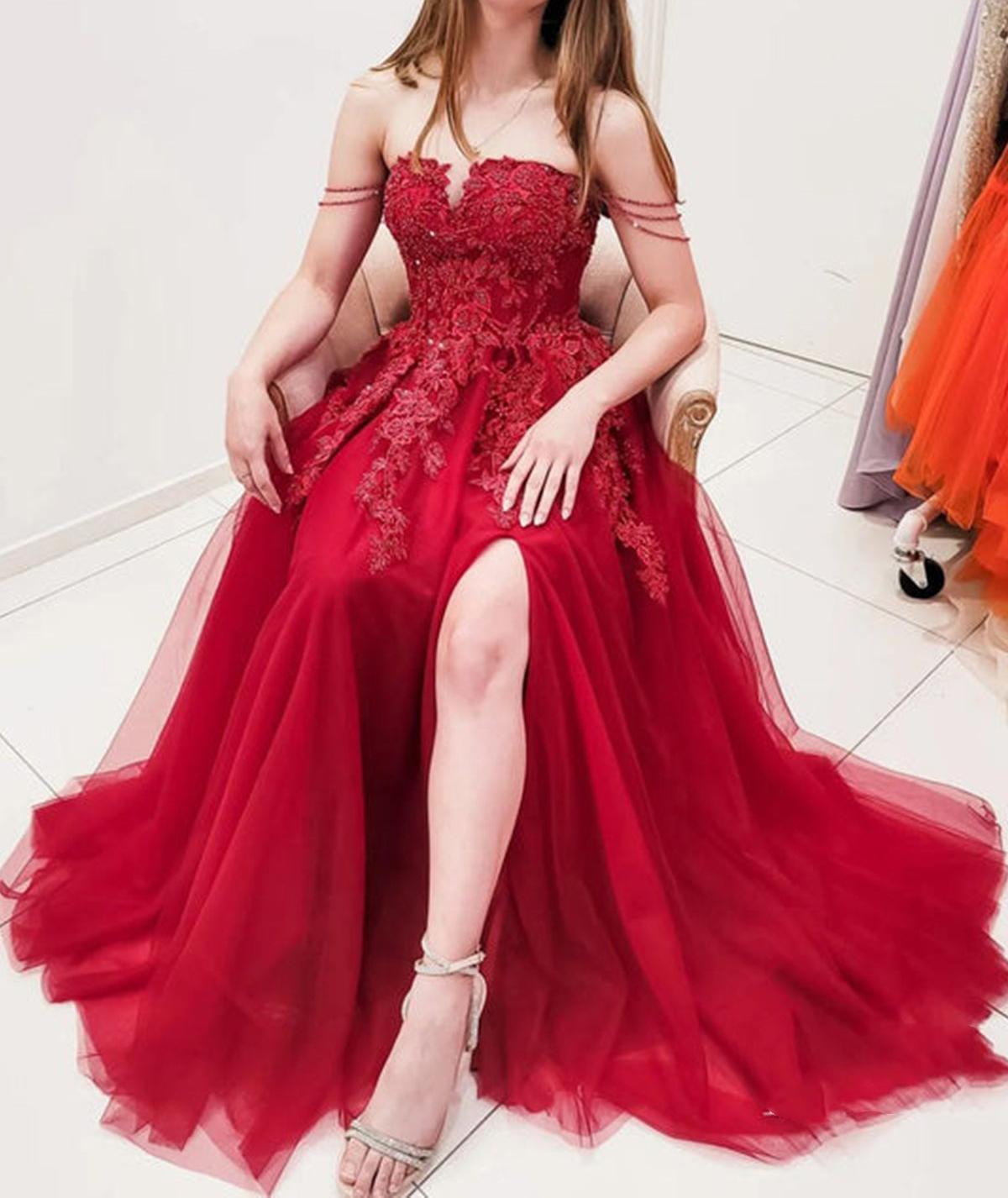 Unthony - Elegant Off Shoulder Burgundy Lace Long Prom Dress with High Slit