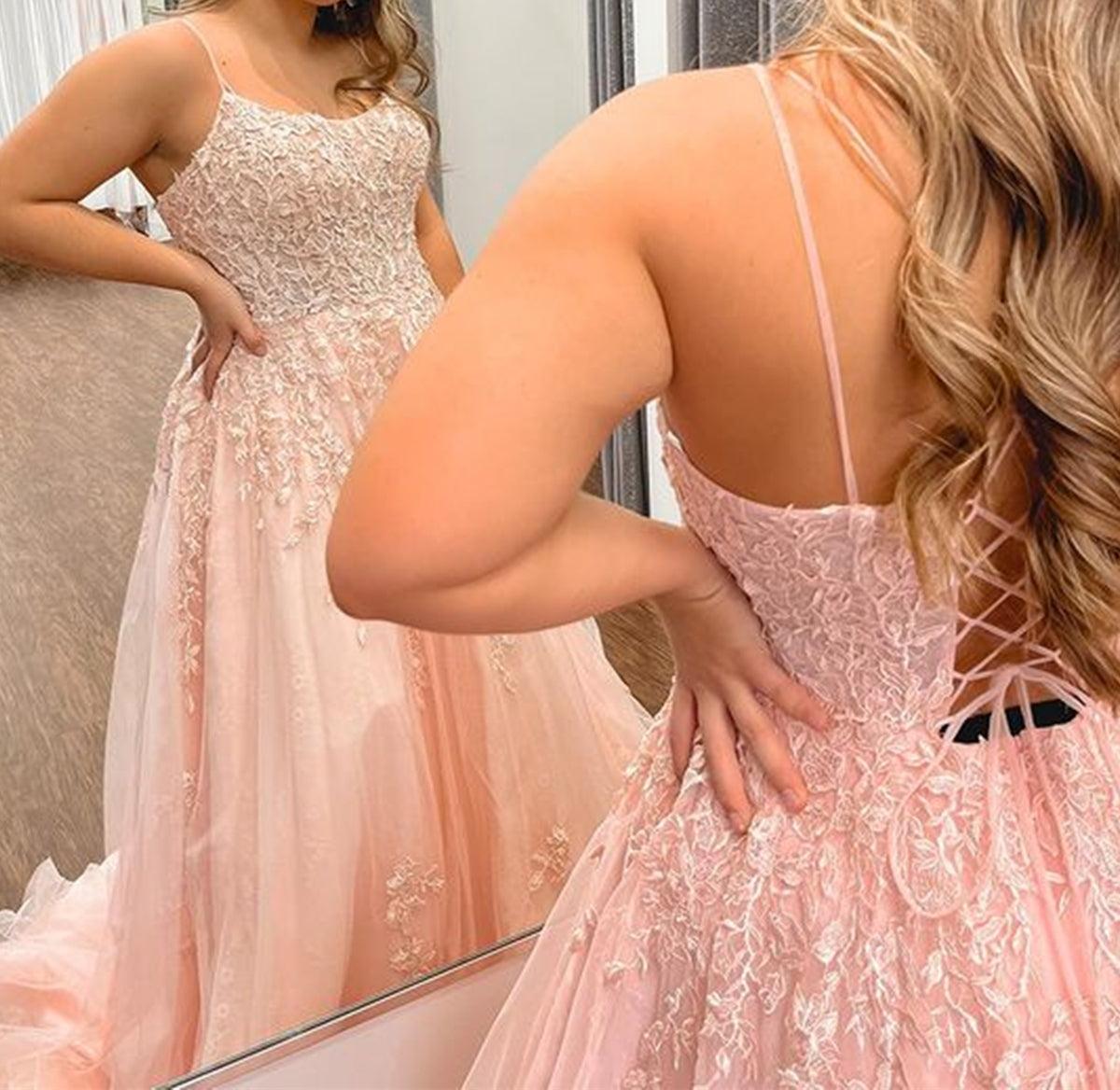 Unthony - A Line Pink Tulle Lace Long Prom Dress
