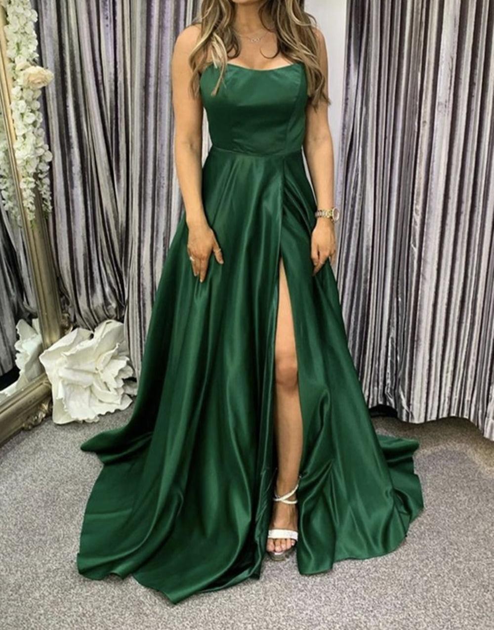 Unthony - Green Satin Backless Long Prom Dress with High Slit