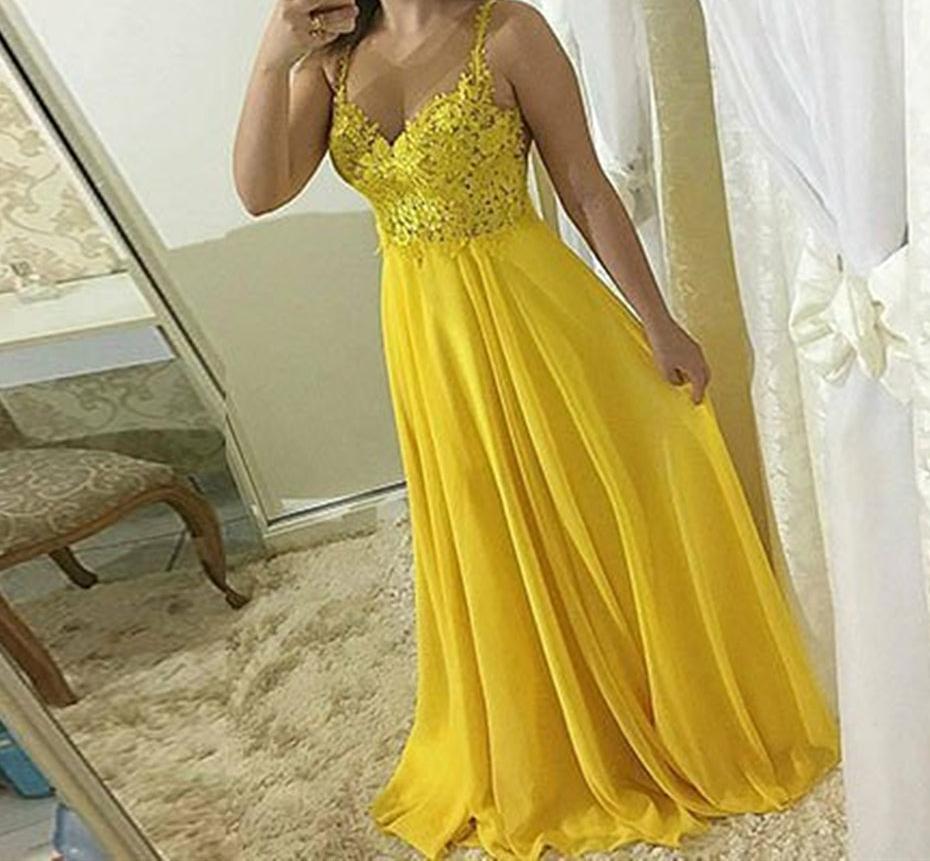 Unthony - A Line Sweetheart Neck Lace Yellow Chiffon Long Prom Dresses