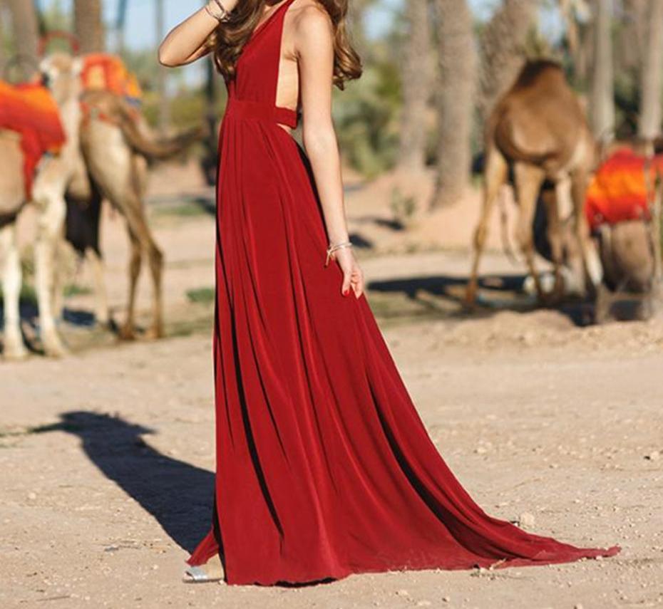 Unthony - A Line V Neck High Slit Burgundy Long Prom Dresses with Sweep Train