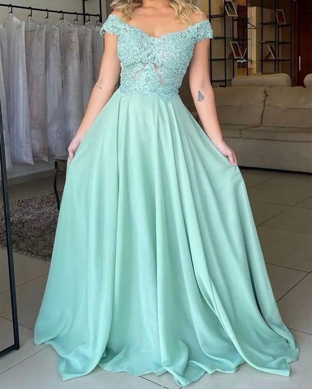 Unthony - Off Shoulder Blue/Pink/Green/Burgundy Lace Top Long Prom Dress